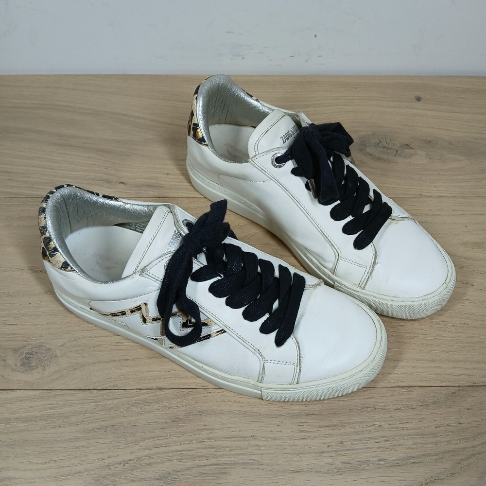 Zadig & Voltaire Paris White Leathe Leopard Print Low Top Sneakers 1597 - Picture 5 of 14